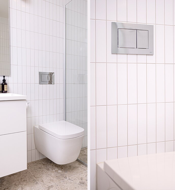 TECEneo vägghängd toalett med TECE wc-fixtur och TECEnow-spolknapp i blank krom, installerad i Kvirkelhusen