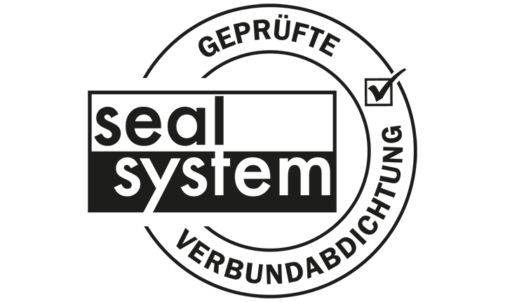 Mit dem Seal System-Logo haben Sie geprüfte Sicherheit beim Anschluss von Verbundabdichtungen für Duschrinnen, Duschprofile und Punktabläufe