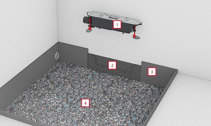 Montage TECEdrainprofile: Vor Einsetzen des Ablaufs wird der Duschplatz durch Einbringung des Schallschutzstreifens, des Randdämmstreifens und einer Schallschutzmatte vorbereitet.