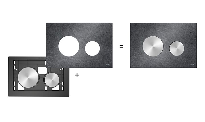 Mit dem TECEloop-Baukasten stellen Sie sich Ihre WC-Betätigungsplatte aus Tasten und Blende zusammen.