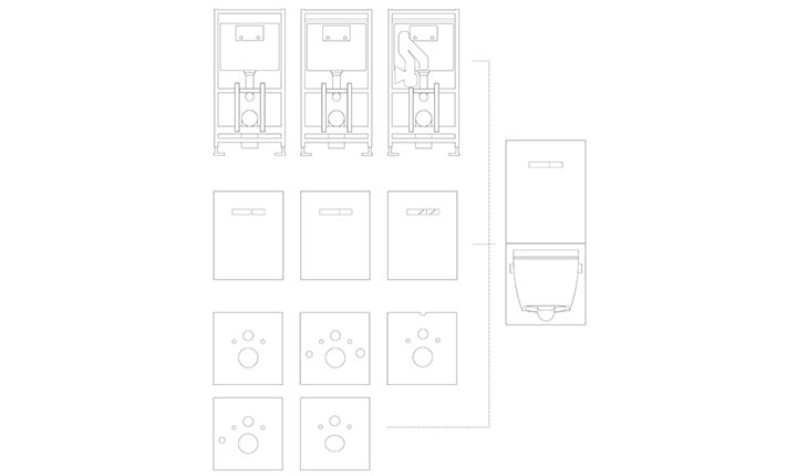 Der TECElux-Baukasten besteht aus dem TECElux WC-Modul, einer oberen Betätigungsplatte und einer unteren WC-Befestigungsplatte.