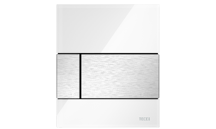 TECEsquare Glas Urinal-Betätigungsplatte in Weiß mit Tasten in Edelstahl gebürstet