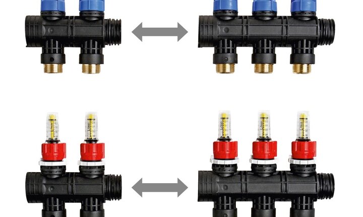 Mit den Modulen des TECEfloor Heizkreisverteilers lassen sich verschiedene Verbindungen bis hin zur 12-fach Verbindung herstellen.