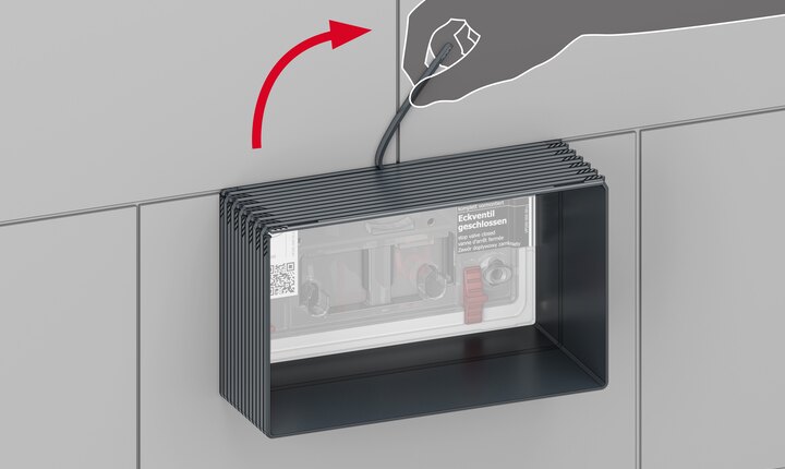 Der Installationstunnel für den Rohbauschutz macht direktes Anfliesen möglich. Danach wird der Rohbauschutz entnommen und der Installationstunnel direkt an der Wand werkzeuglos mit einem "Zip" entfernt.