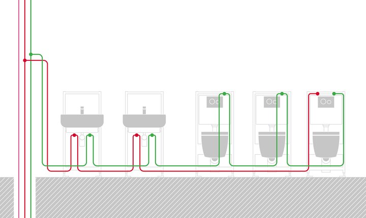 Das TECEprofil WC-Modul mit Hygienespülung wird als letzter Verbraucher in eine durchgeschliffene Reiheninstallation eingebunden. Dank der Platzierung im Spülkasten entfallen zusätzliche Rohrwege und Revisionsöffnung.