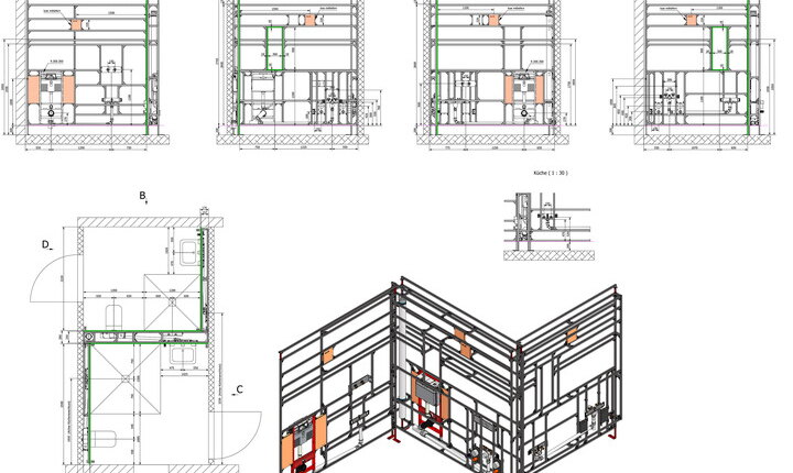 CAD-Zeichnung der raumhohen Trennwand von TECEsystem, die beim Neubau in Bad Bentheim zum Einsatz kam.