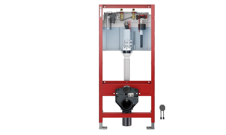 TECEprofil WC-Module mit integrierter Hygienespülung liefern alle notwendigen Komponenten komplett vormontiert, inklusive Bluetooth-Modul und Trafo.