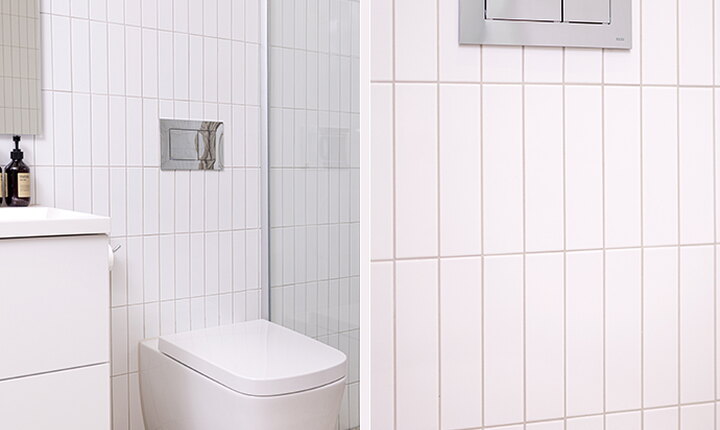 TECEneo vägghängd toalett med TECE wc-fixtur och TECEnow-spolknapp i blank krom, installerad i Kvirkelhusen