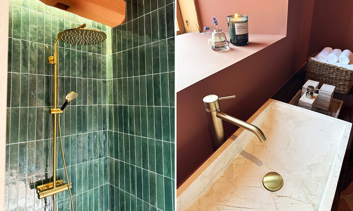 Badrumsdetaljer från Gabriels renovering: grönt kakel, terrakotta och TECE.