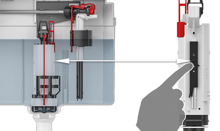 TECE WC-sisterne med ny vannbesparende spyleteknologi og utløpsventil A2 for justerbar 4/2-liters spyling.